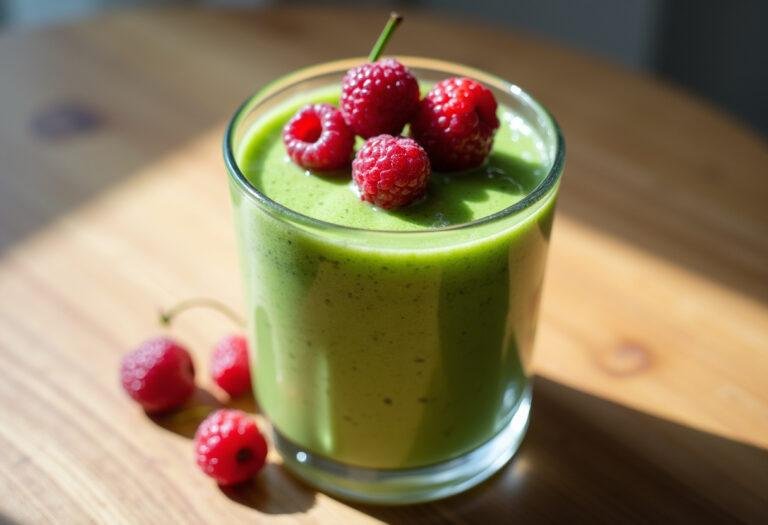Refreshing Berry Green Smoothie in a glass, garnished with fresh berries, ready to enjoy.