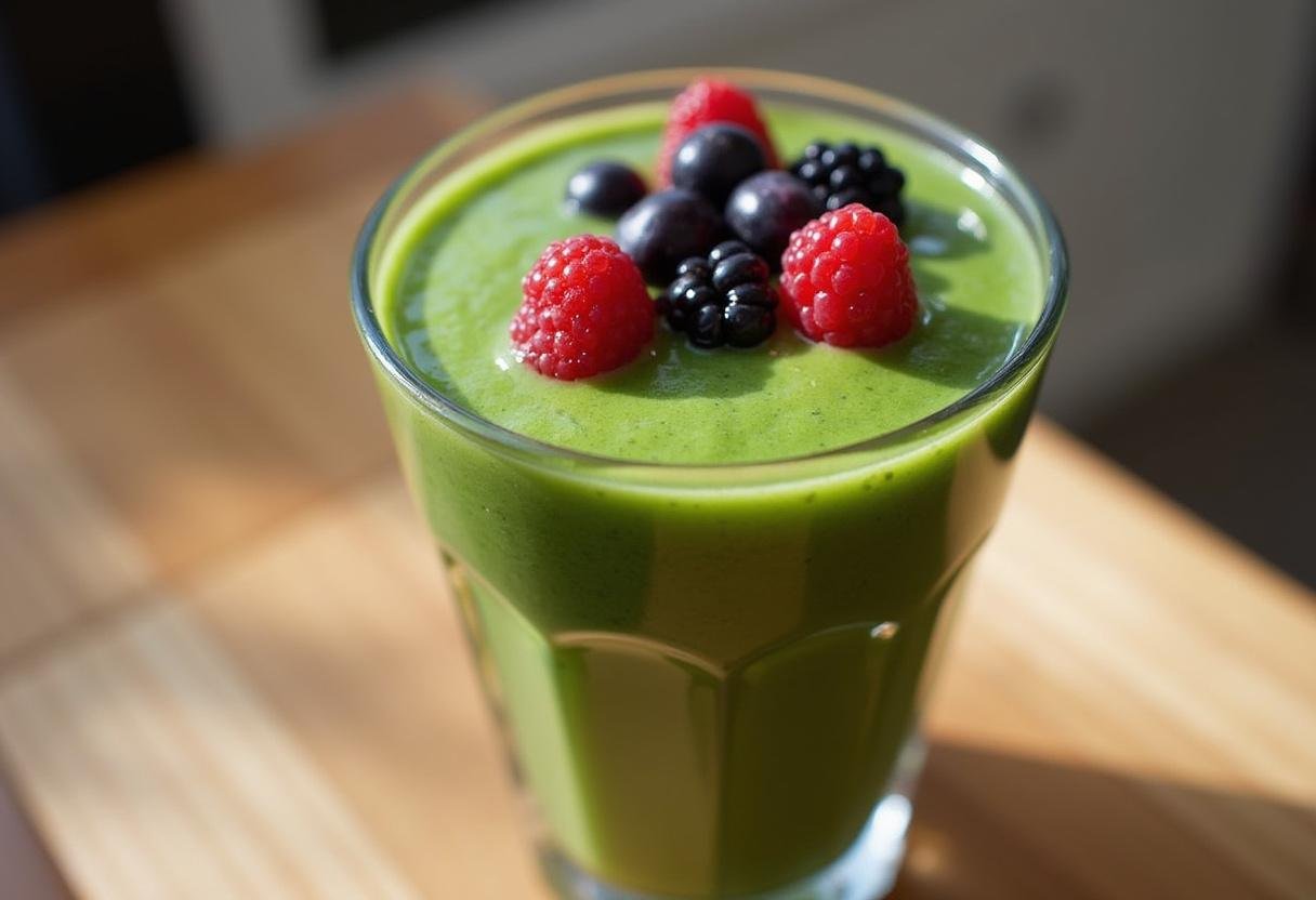 Refreshing Berry Green Smoothie in a glass, garnhered with fresh berries, ready to enjoy.