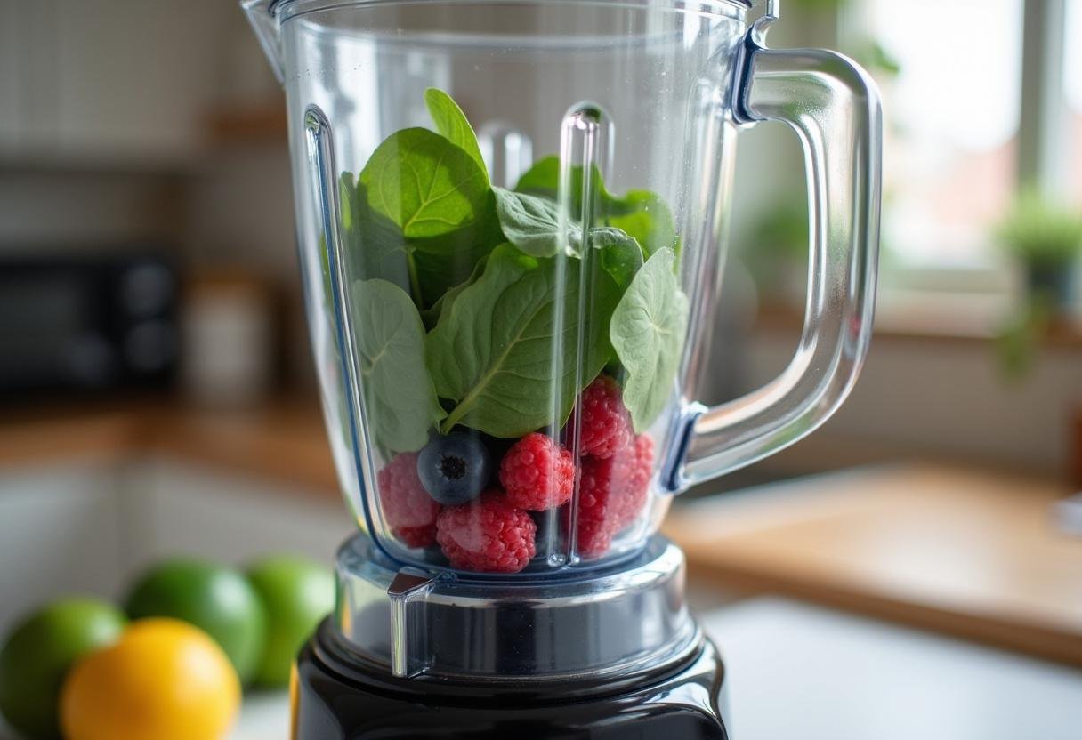 Fresh spinach and mixed berries in a blender for making Berry Green Smoothie.