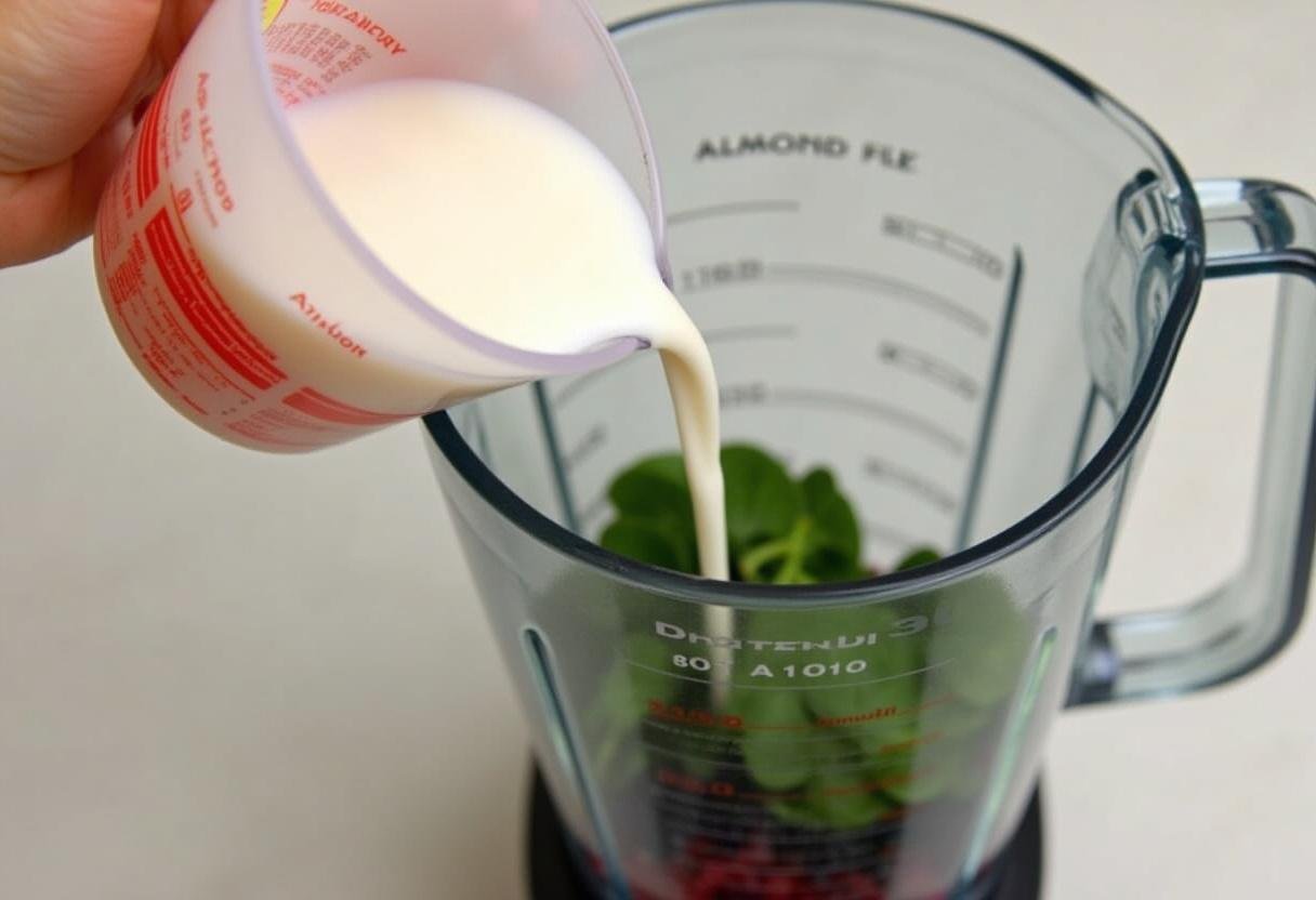 Almond milk being added to spinach and berries in a blender for Berry Green Smoothie.