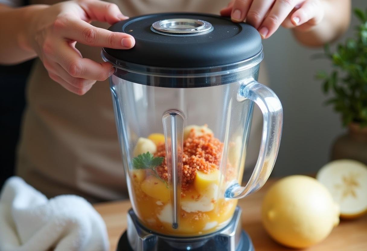Blender being prepared to mix ingredients for Berry Green Smoothie.