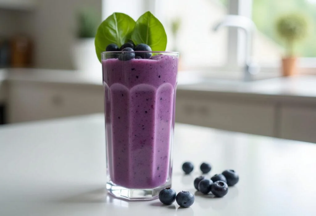 Delicious Blueberry Spinach Smoothie ready to enjoy, featuring fresh blueberries and spinach.