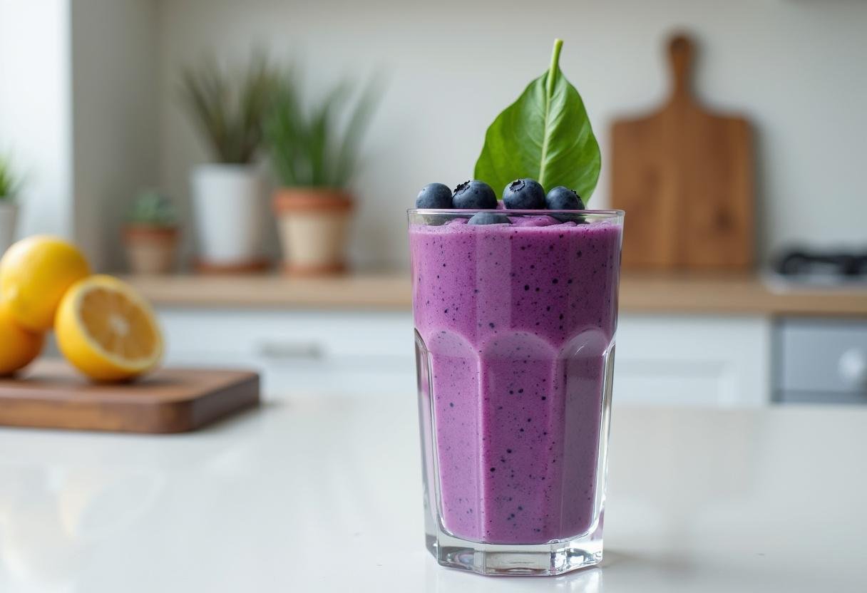 Delicious Blueberry Spinach Smoothie ready to enjoy, featuring fresh blueberries and spinach.