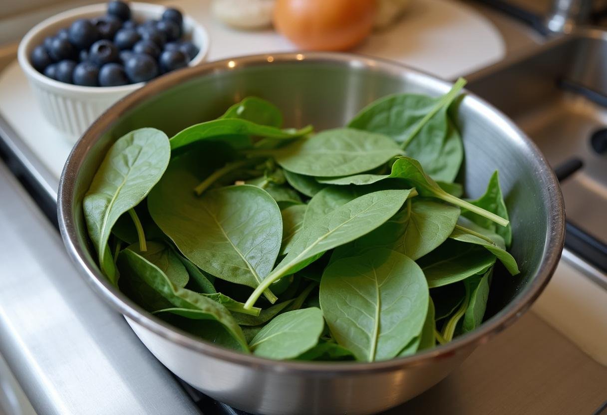 Fresh spinach leaves and blueberries prepared for a delicious Blueberry Spinach Smoothie.