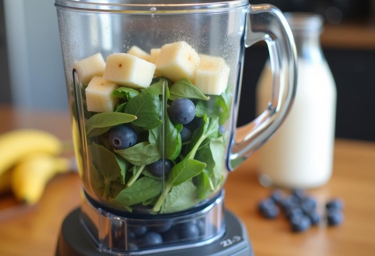 Ingredients for Blueberry Spinach Smoothie ready in a blender, including spinach, blueberries, and banana.