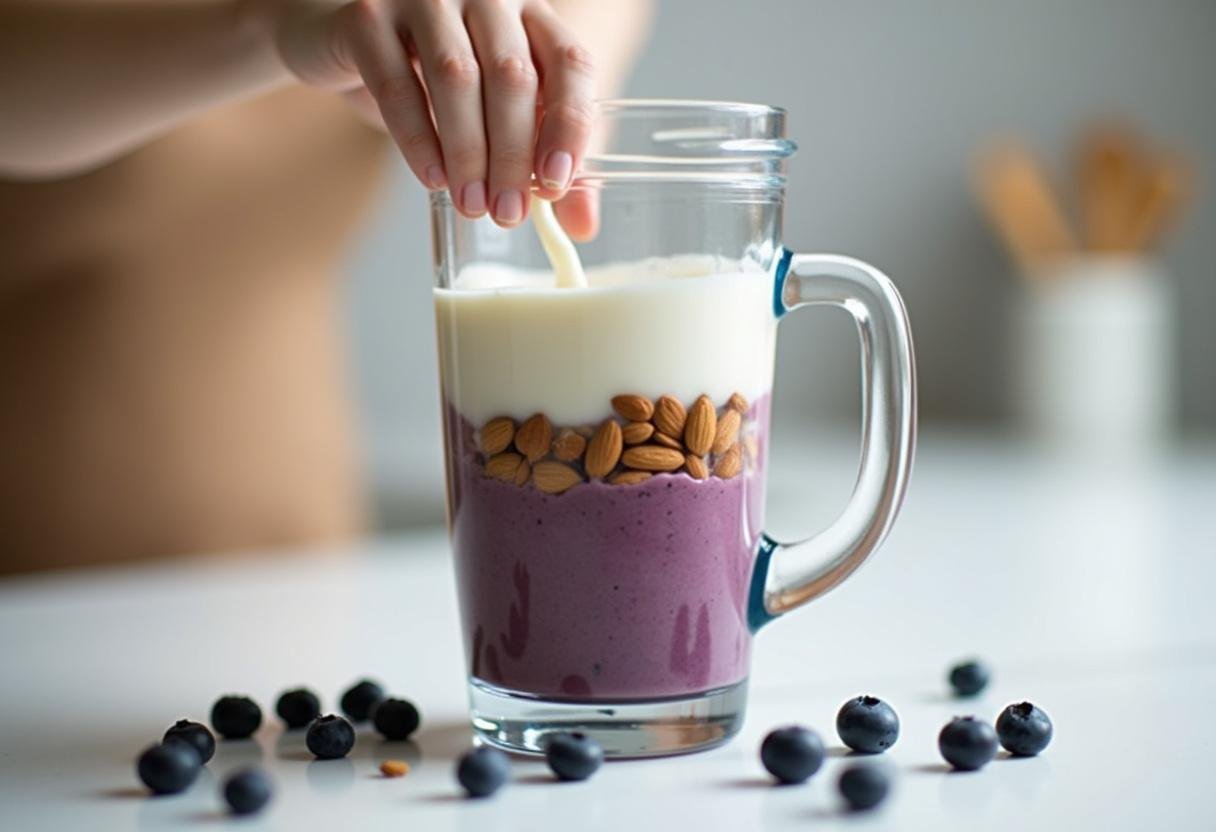 Almond milk being poured into the blender for a nutritious Blueberry Spinach Smoothie.