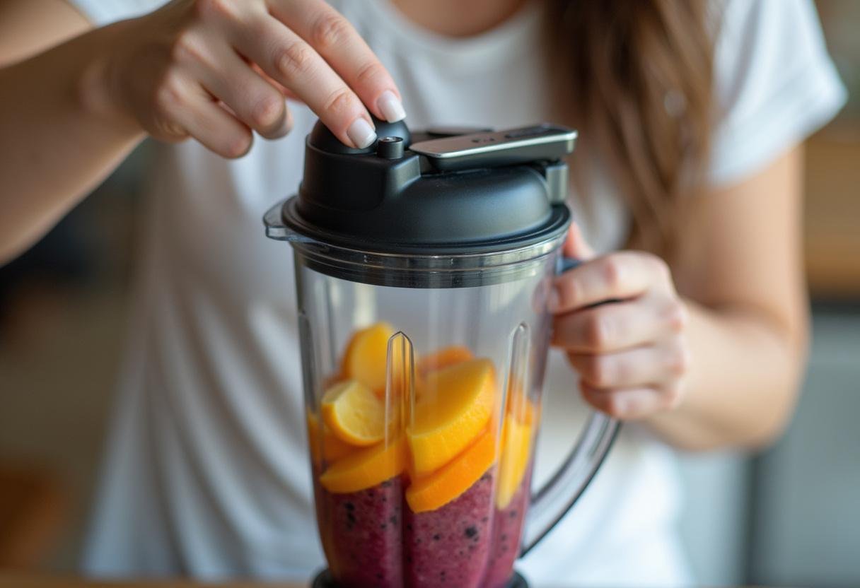 Blender lid secured, ready to blend ingredients for Blueberry Spinach Smoothie.