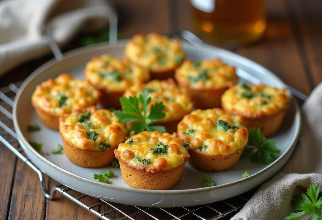Golden-brown Broccoli Cheddar Cups displayed on a plate, perfect for a delicious snack.