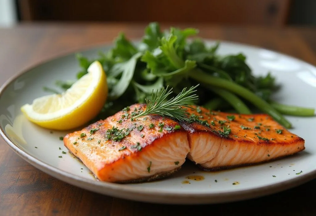 Delicious broiled salmon with dill served on a beautiful dining table.