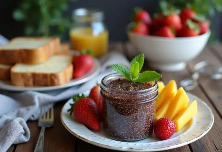 Delicious Chia Seed Jam served with toast and fresh fruit for a healthy breakfast.