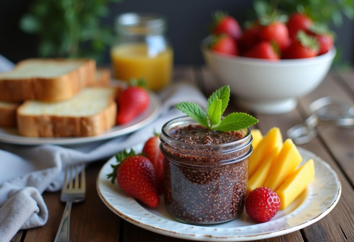 Delicious Chia Seed Jam served with toast and fresh fruit for a healthy breakfast.