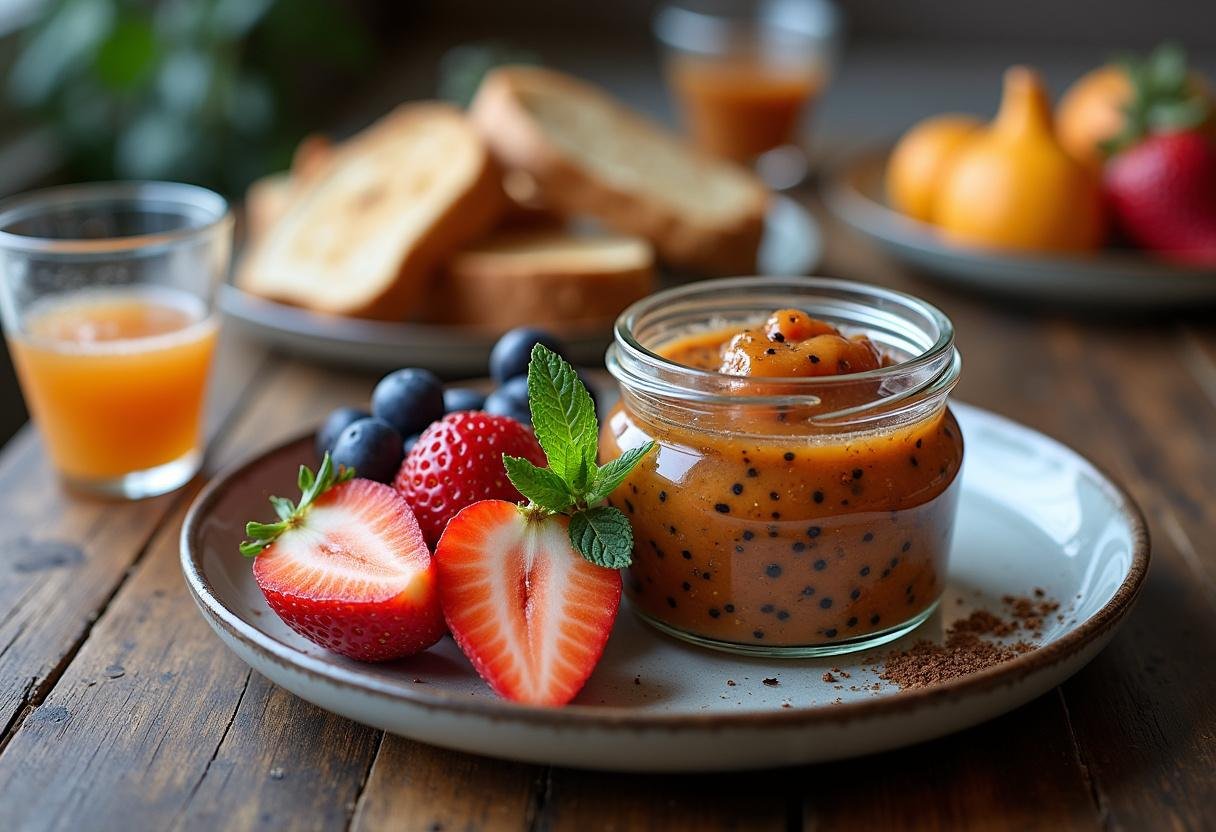 Delicious Chia Seed Jam served with toast and fresh fruit for a healthy breakfast.