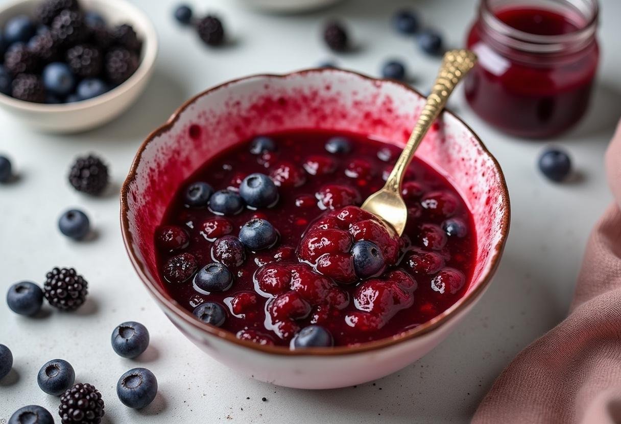 Fresh berries being mashed for homemade Chia Seed Jam recipe.
