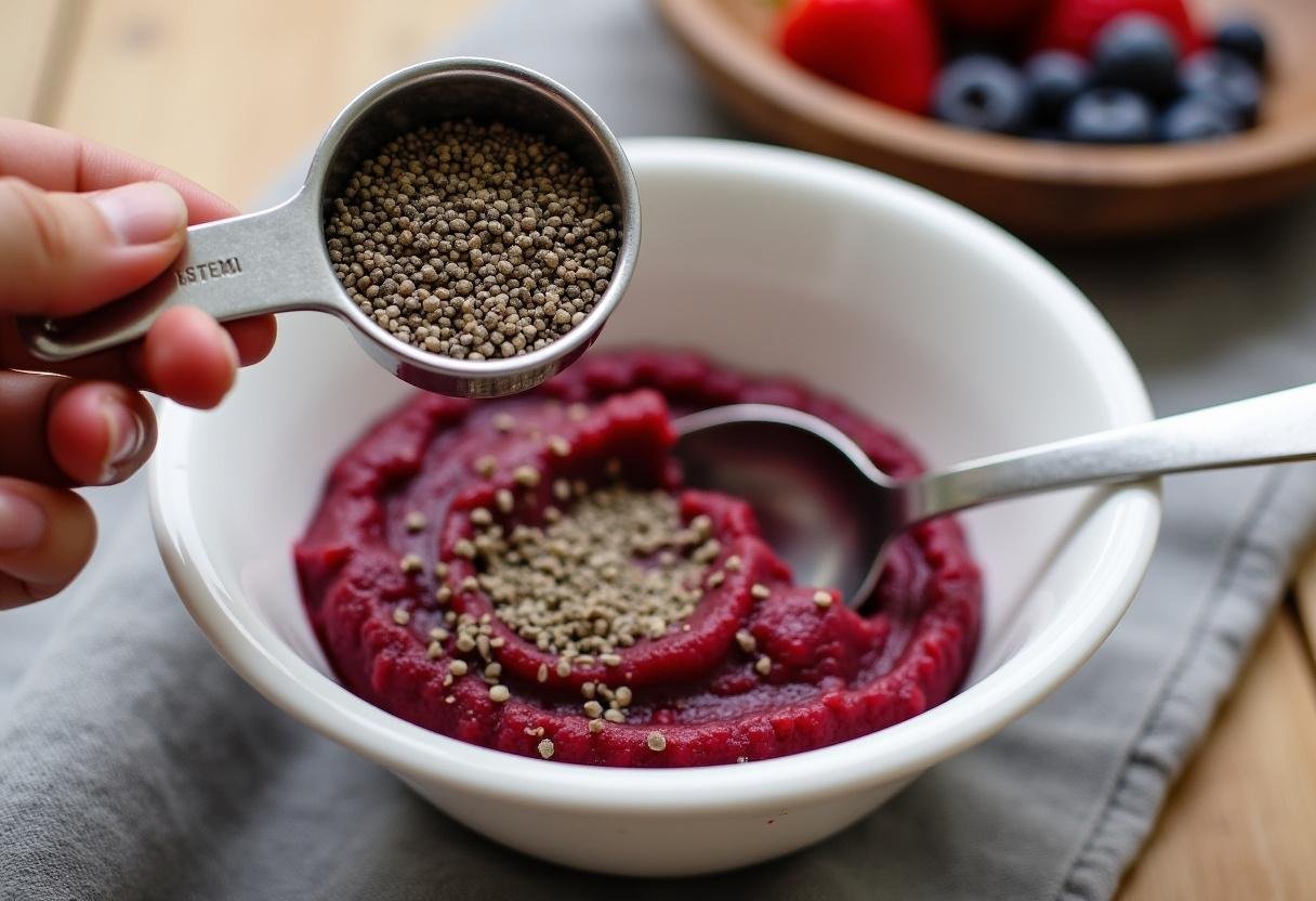 Measuring chia seeds to create a healthy Chia Seed Jam from fresh berries.