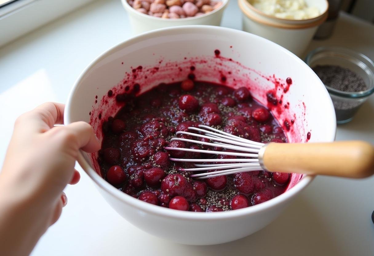 Mixing chia seeds with mashed berries to form Chia Seed Jam texture.