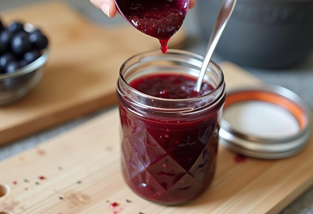 Filling a jar with homemade Chia Seed Jam made from fresh berries and chia seeds.