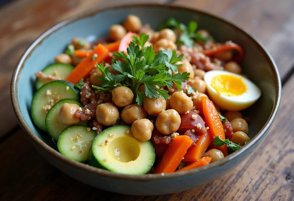 Finished Chickpea Buddha Bowl full of nutritious ingredients and vibrant colors.