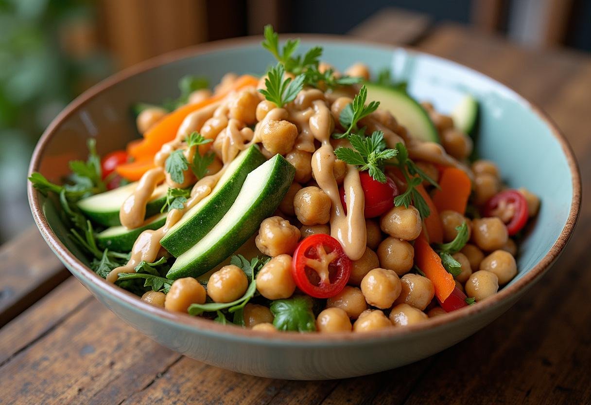 Finished Chickpea Buddha Bowl full of nutritious ingredients and vibrant colors.