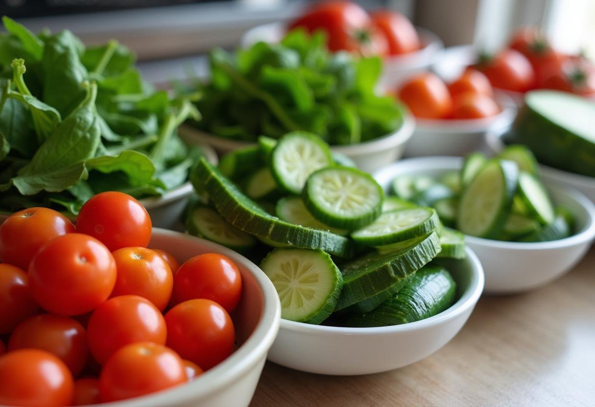 Fresh vegetables prepared for a colorful Chickpea Buddha Bowl.