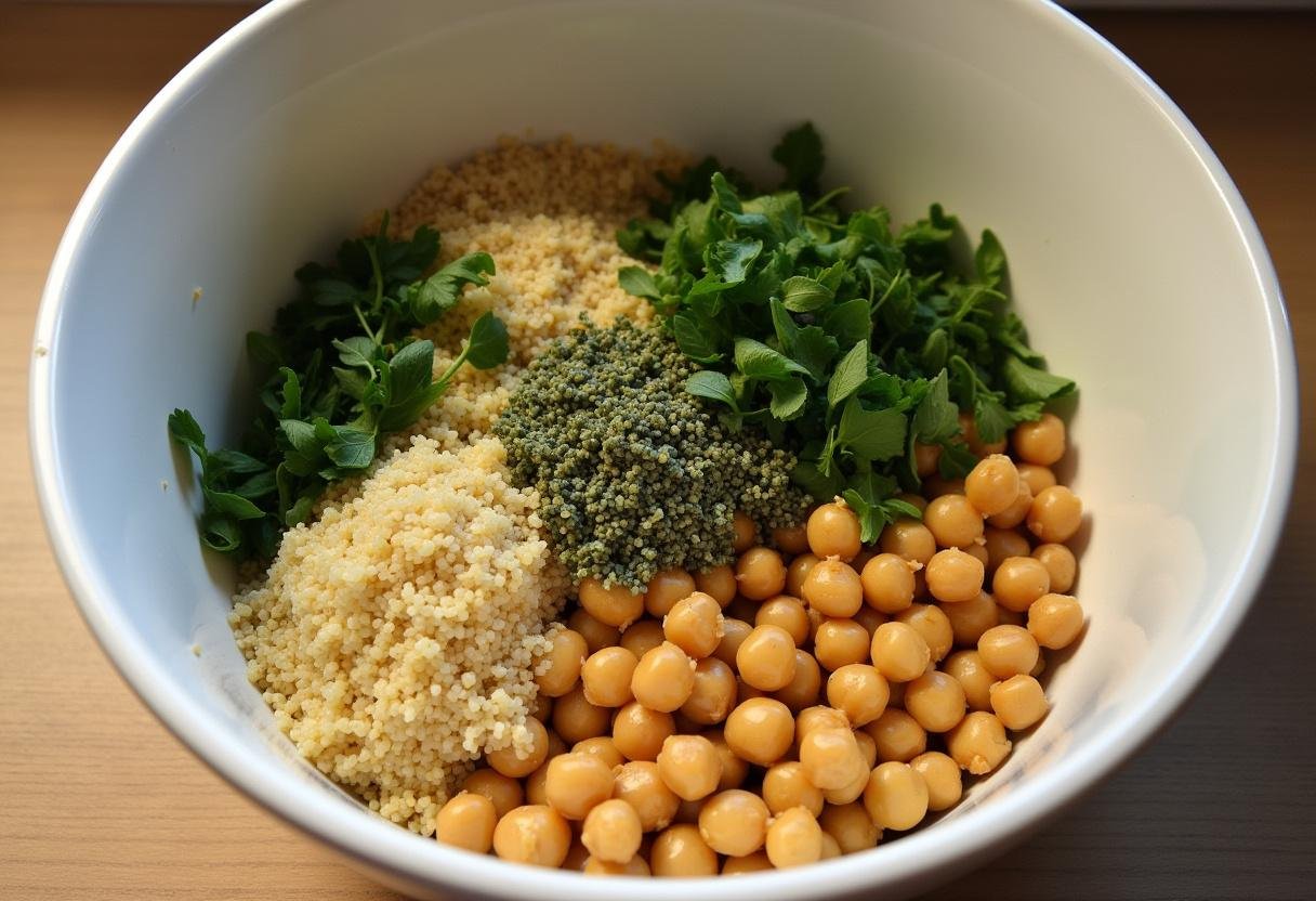 Mixing quinoa, chickpeas, and herbs for a Chickpea Buddha Bowl.