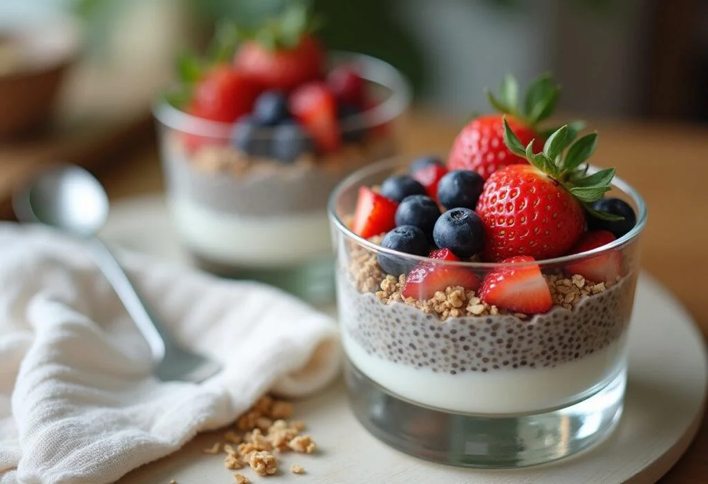 Finished Coconut Chia Yogurt Parfait layered with fruits and granola, perfect for a healthy breakfast.