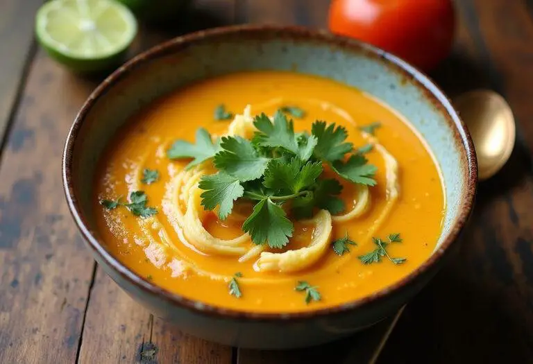 Finished Coconut Curry Soup garnished with cilantro and lime, ready to enjoy.