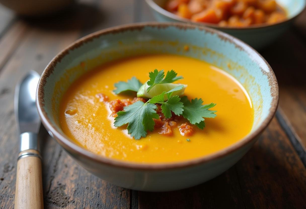 Finished Coconut Curry Soup garnished with cilantro and lime, ready to enjoy.