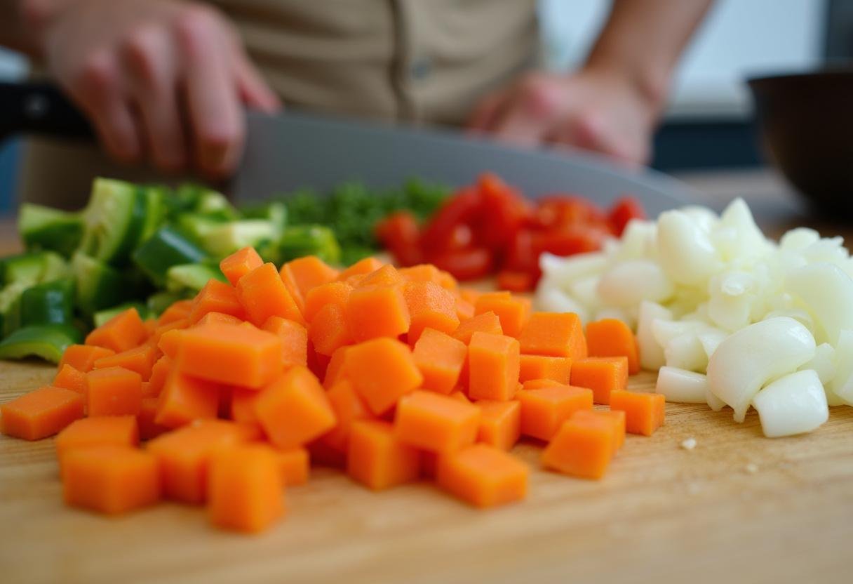 Diced vegetables prepared for Coconut Curry Soup, including carrots, bell peppers, and onions.