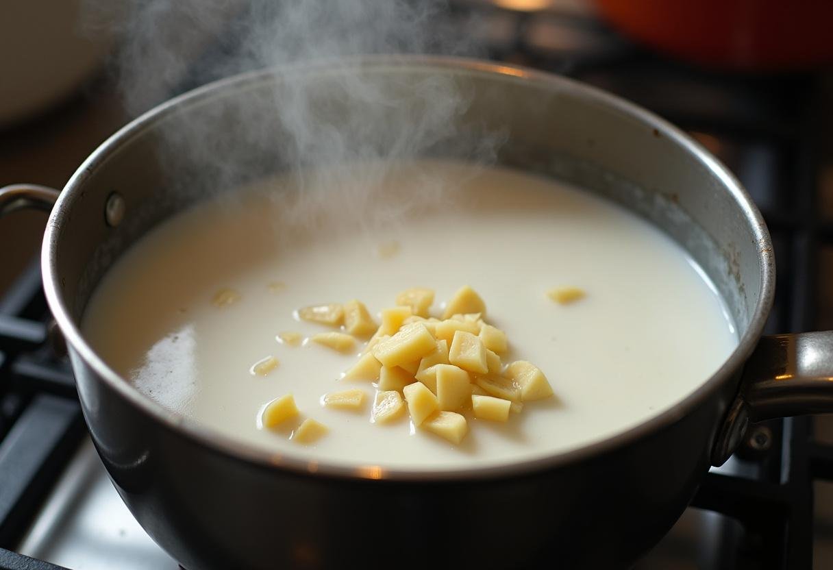 Coconut milk heating in a pot for Coconut Curry Soup, with garlic and ginger being incorporated.
