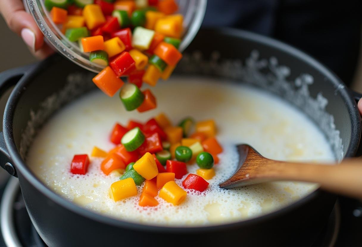 Vegetables being mixed into the coconut milk for a flavorful Coconut Curry Soup.