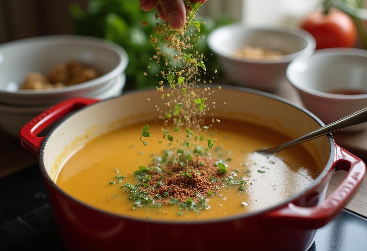 Fresh herbs and spices garnishing the Coconut Curry Soup, ready to be served.