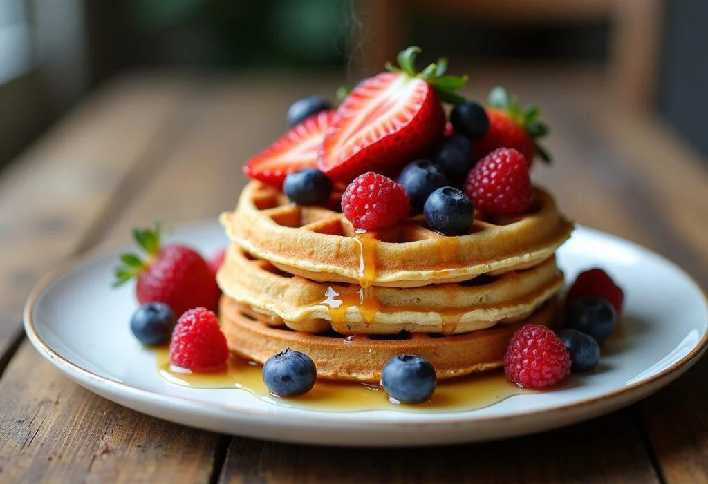 Delicious coconut flour waffles served with fresh fruit and maple syrup, perfect for breakfast.