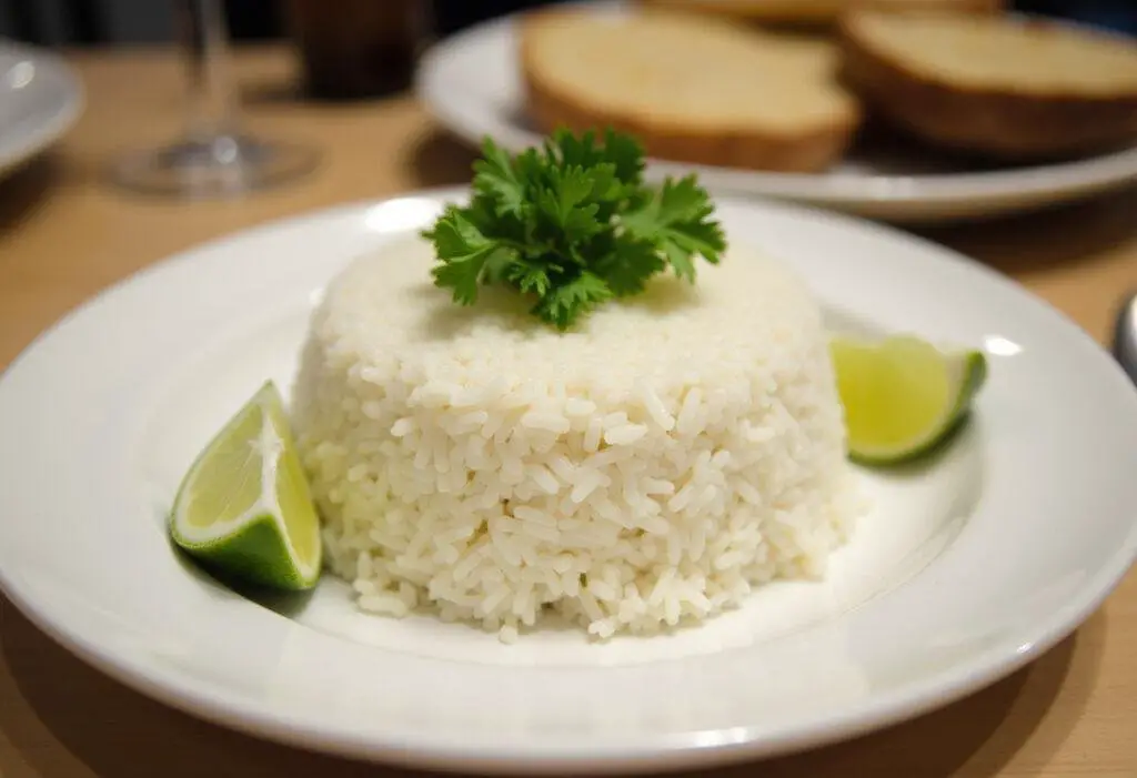 Finished Coconut Milk Rice served with garnishes, a delicious side dish.
