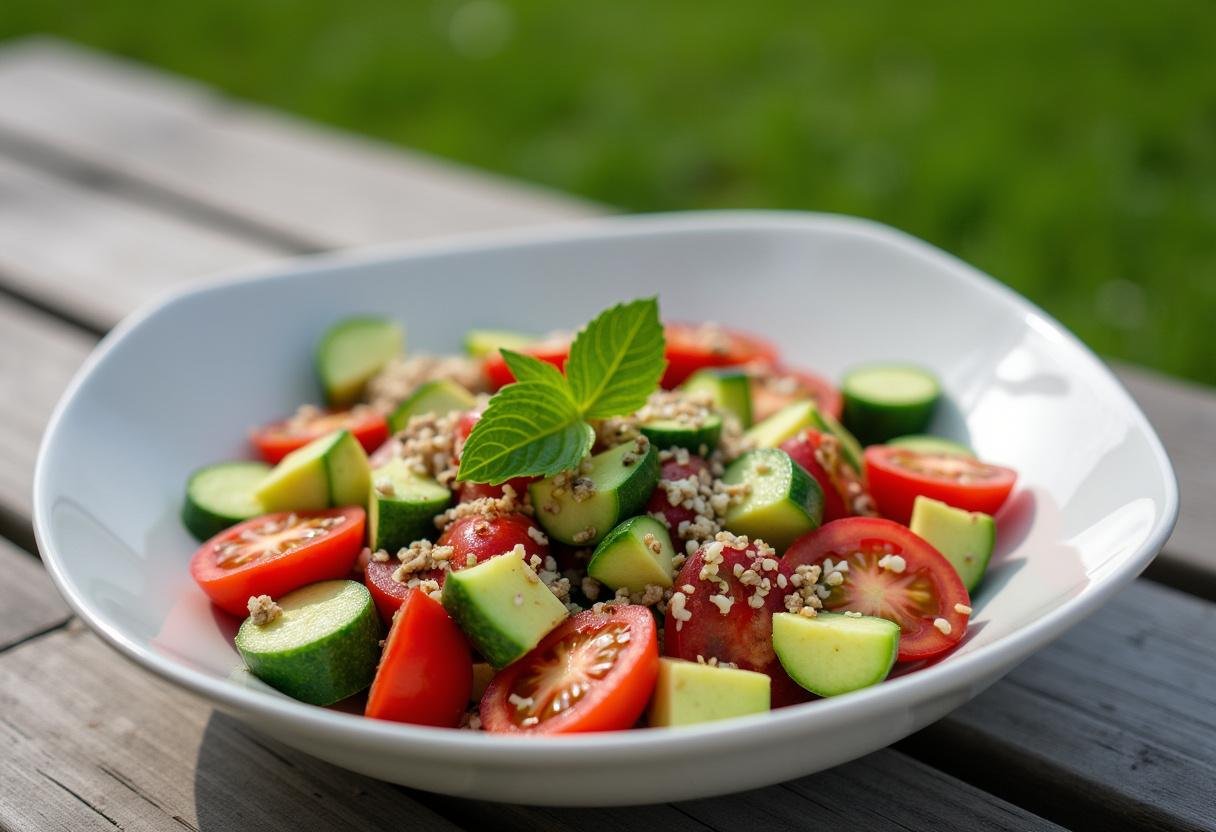 Delicious Cucumber Tomato Avocado Salad served on a picnic table, perfect for summer gatherings.