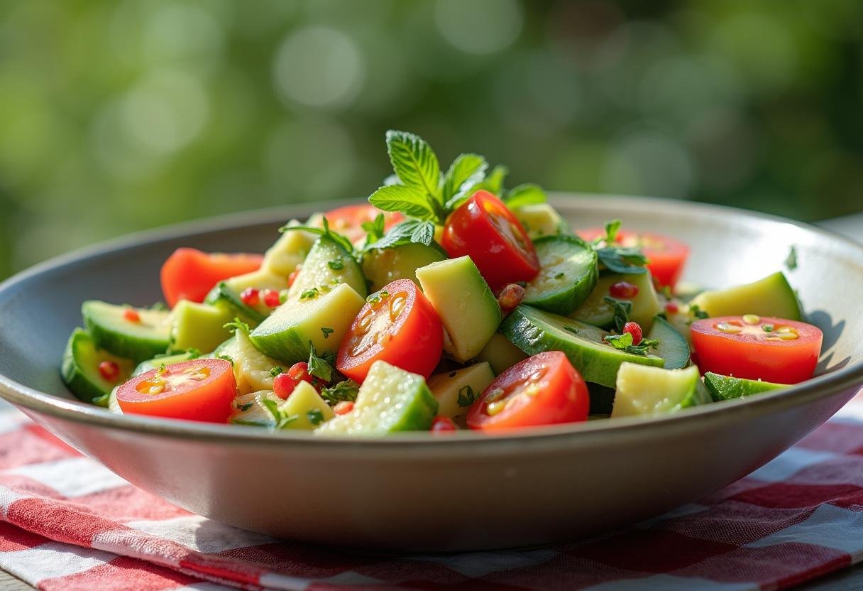 Delicious Cucumber Tomato Avocado Salad served on a picnic table, perfect for summer gatherings.