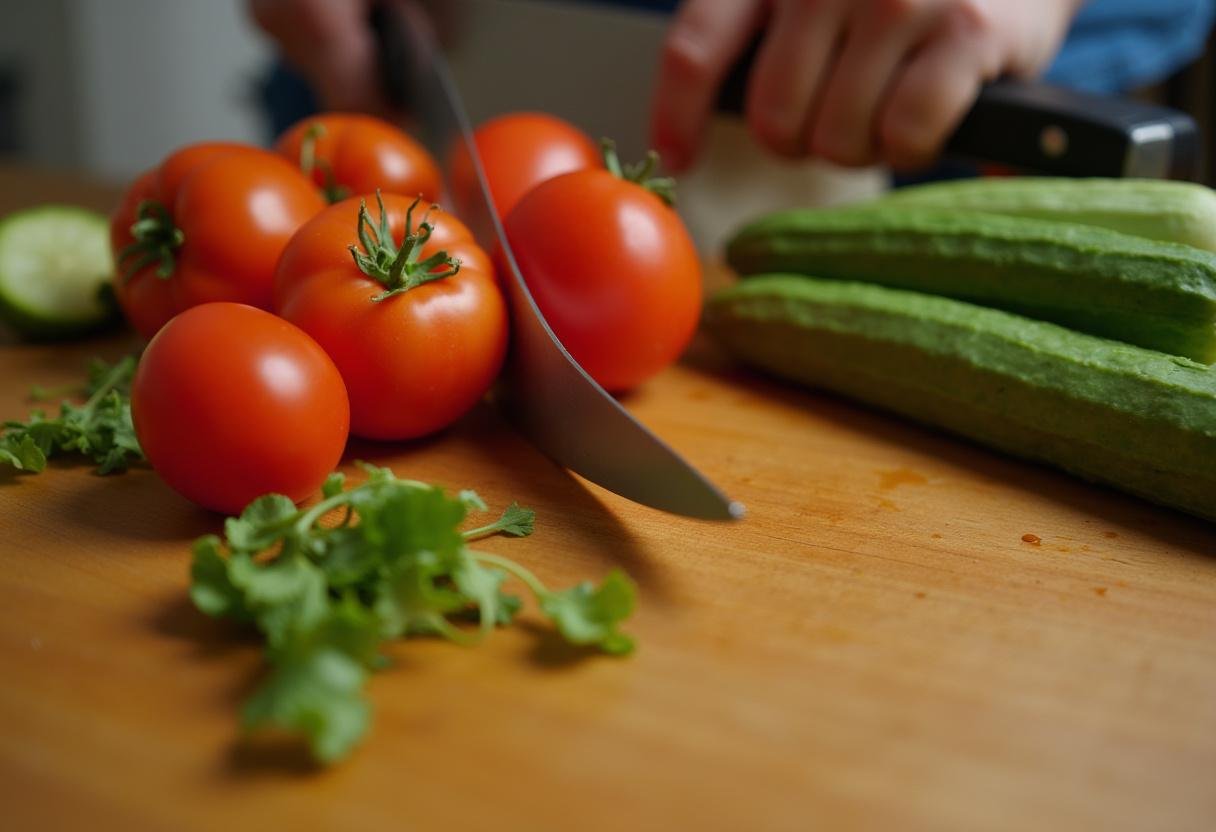 Chopped cucumbers and tomatoes on a cutting board for Cucumber Tomato Avocado Salad.