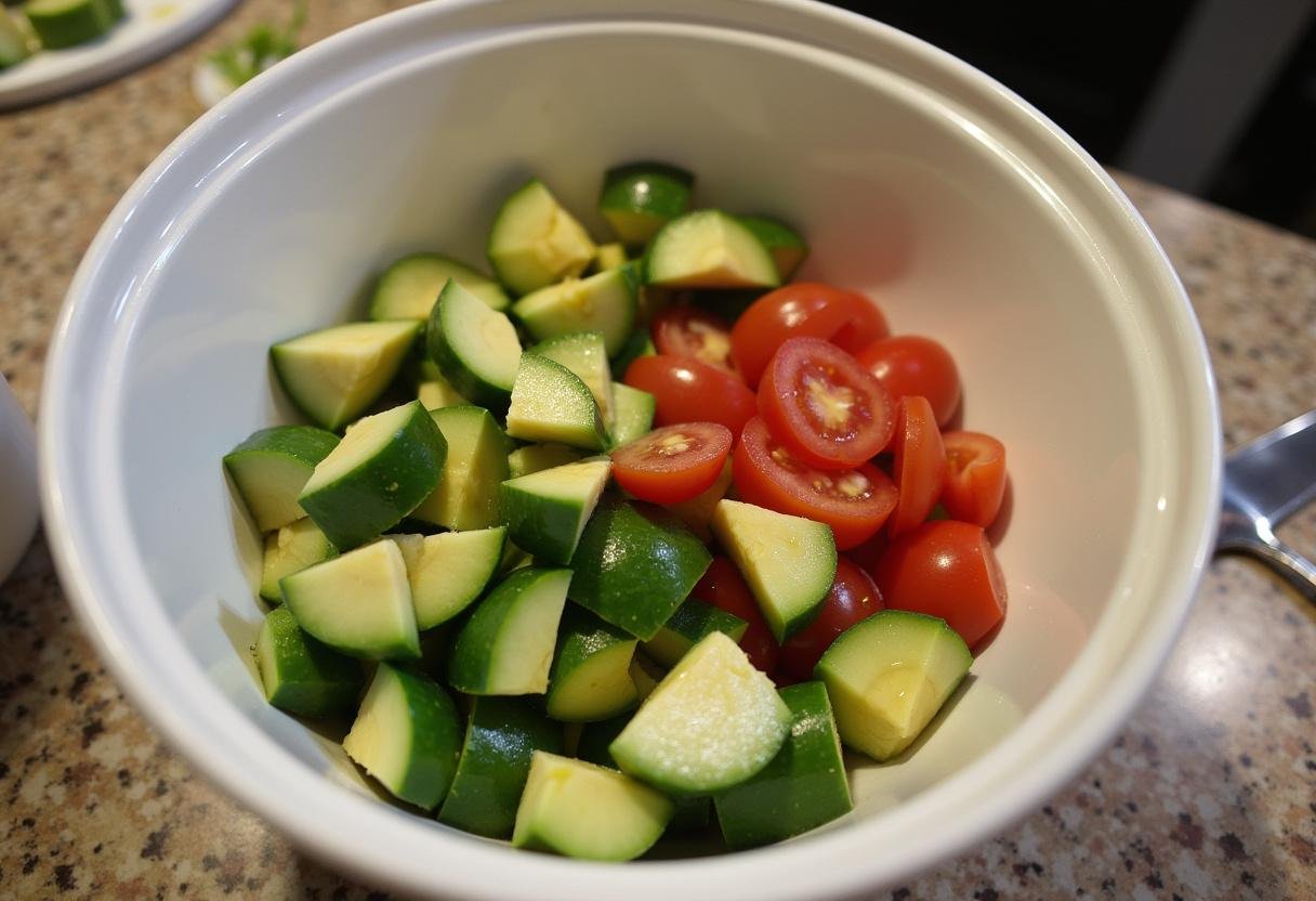 Mixing ingredients for Cucumber Tomato Avocado Salad with olive oil for flavor.