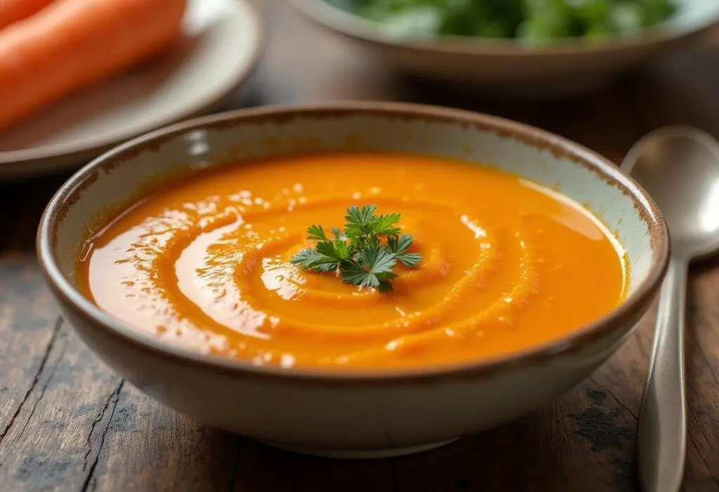 Finished Ginger Carrot Soup in a bowl, perfect for a warm and comforting meal.