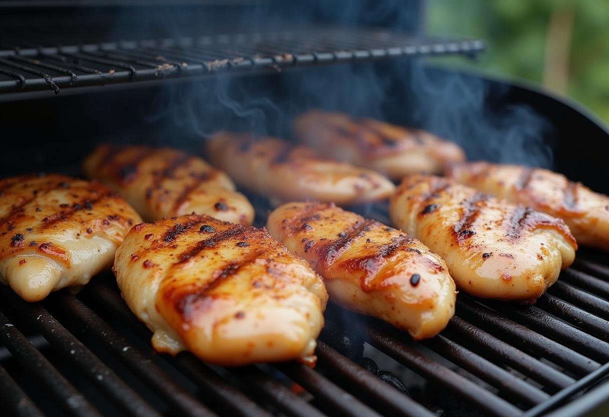 Grilling seasoned chicken for a delicious Grilled Chicken Caesar Wrap.