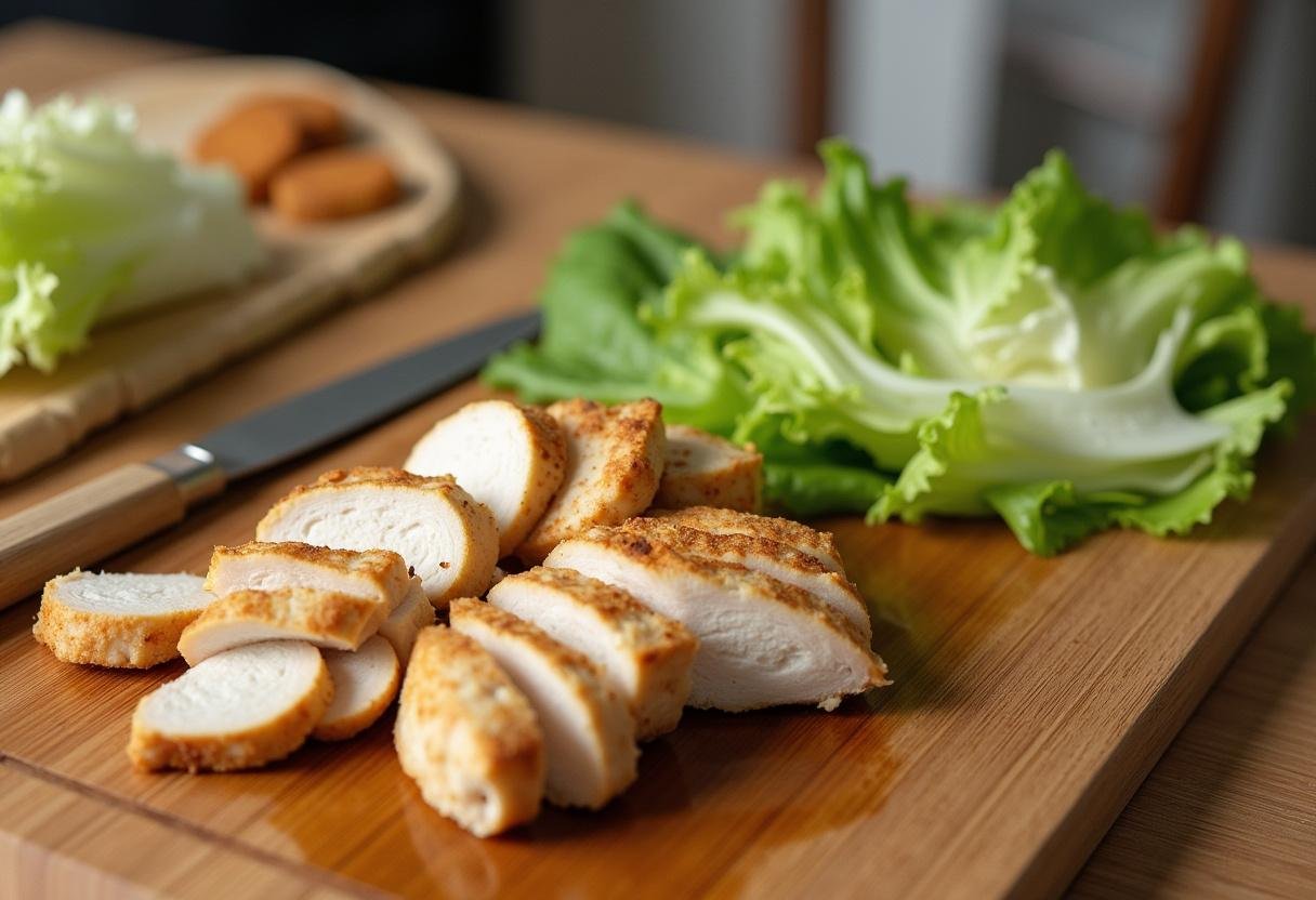 Sliced grilled chicken and romaine lettuce prepared for a Grilled Chicken Caesar Wrap.