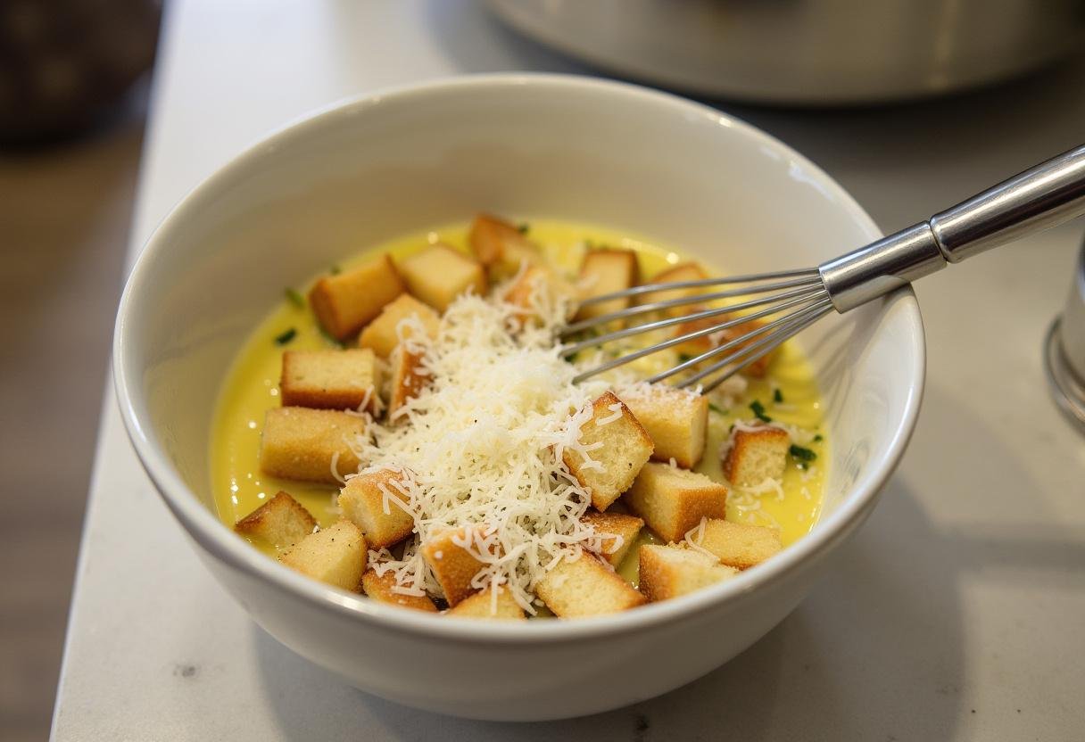 Making dressing and toppings for Grilled Chicken Caesar Wrap with Caesar dressing, croutons, and Parmesan cheese.
