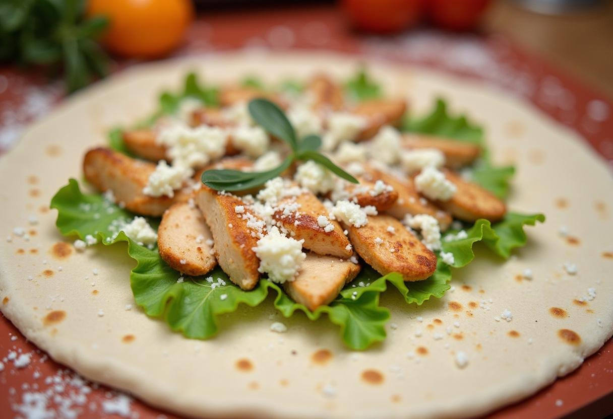 Assembling the Grilled Chicken Caesar Wrap with fresh ingredients on a tortilla.