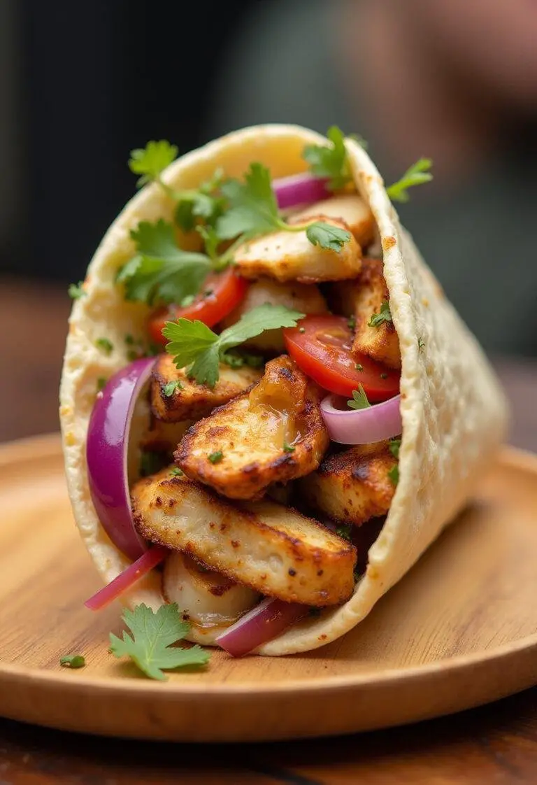 Completed Grilled Chicken Gyro, filled with marinated chicken and fresh toppings, perfect for a flavorful meal.