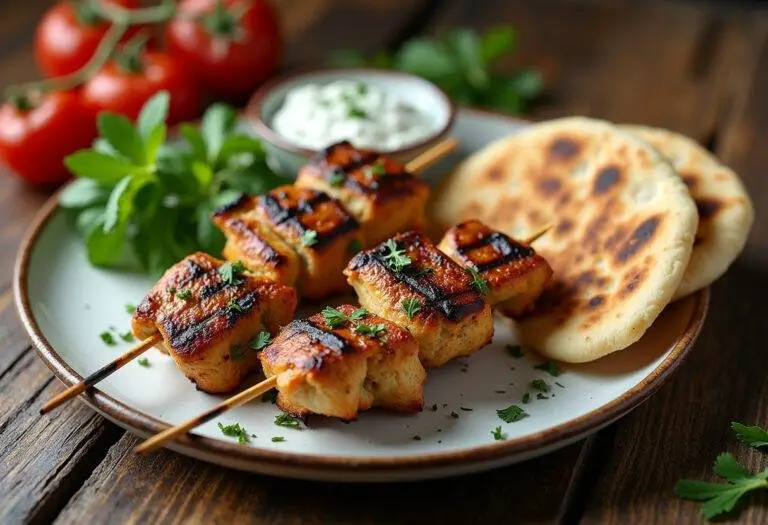Finished grilled chicken kabobs presented with herbs and tzatziki sauce, ideal for a summer outdoor feast.