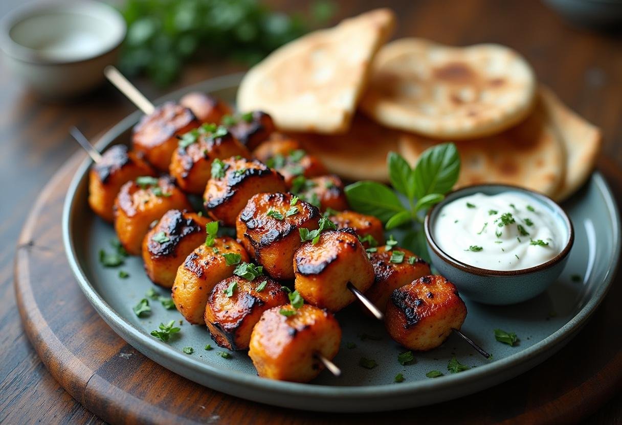 Finished grilled chicken kabobs presented with herbs and tzatziki sauce, ideal for a summer outdoor feast.