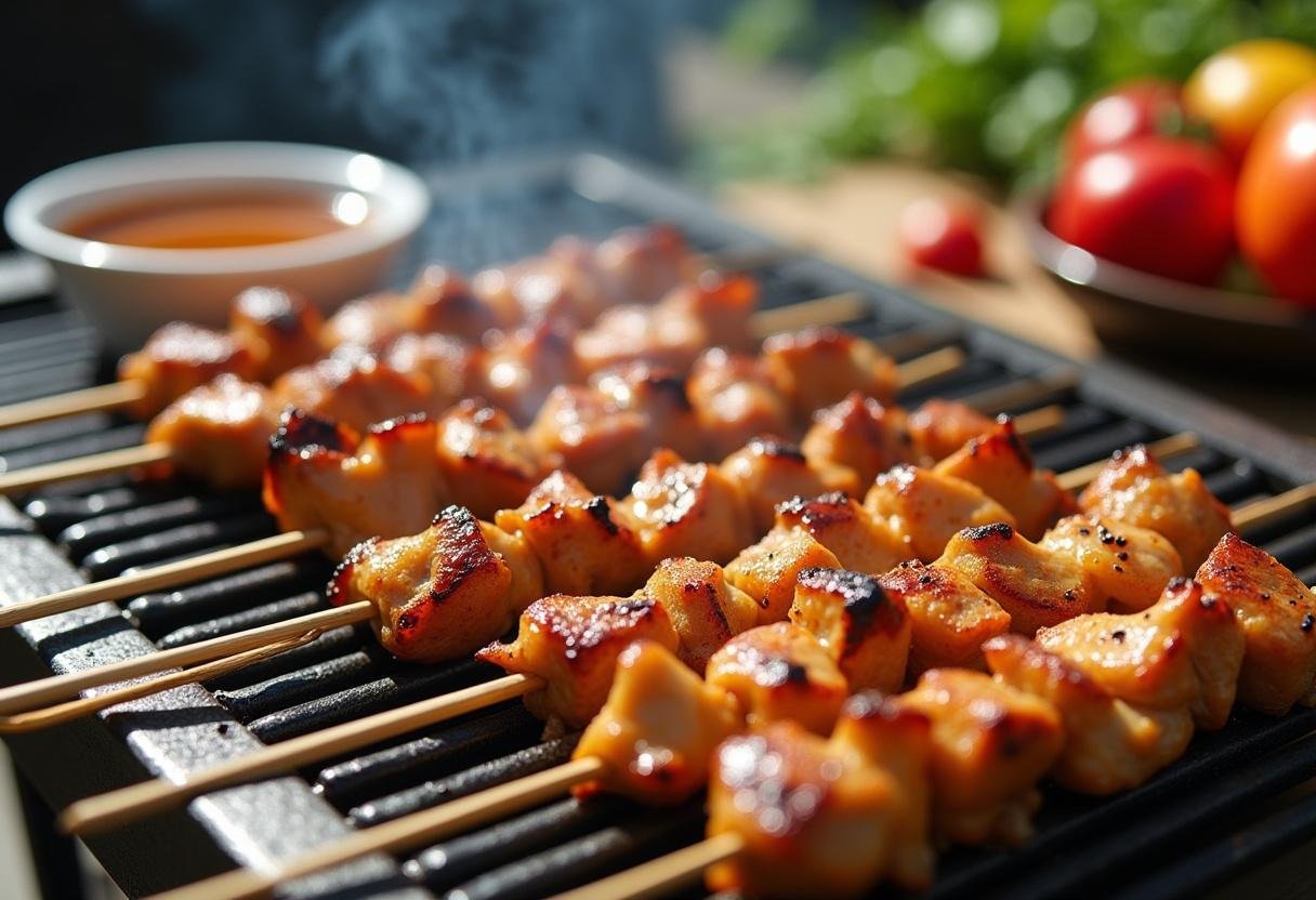 Marinated chicken pieces being threaded onto skewers for grilled chicken kabobs preparation.