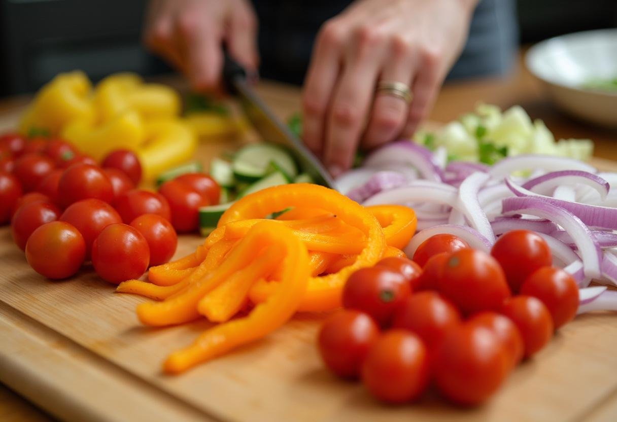 Fresh vegetables being sliced for adding to grilled chicken kabobs.