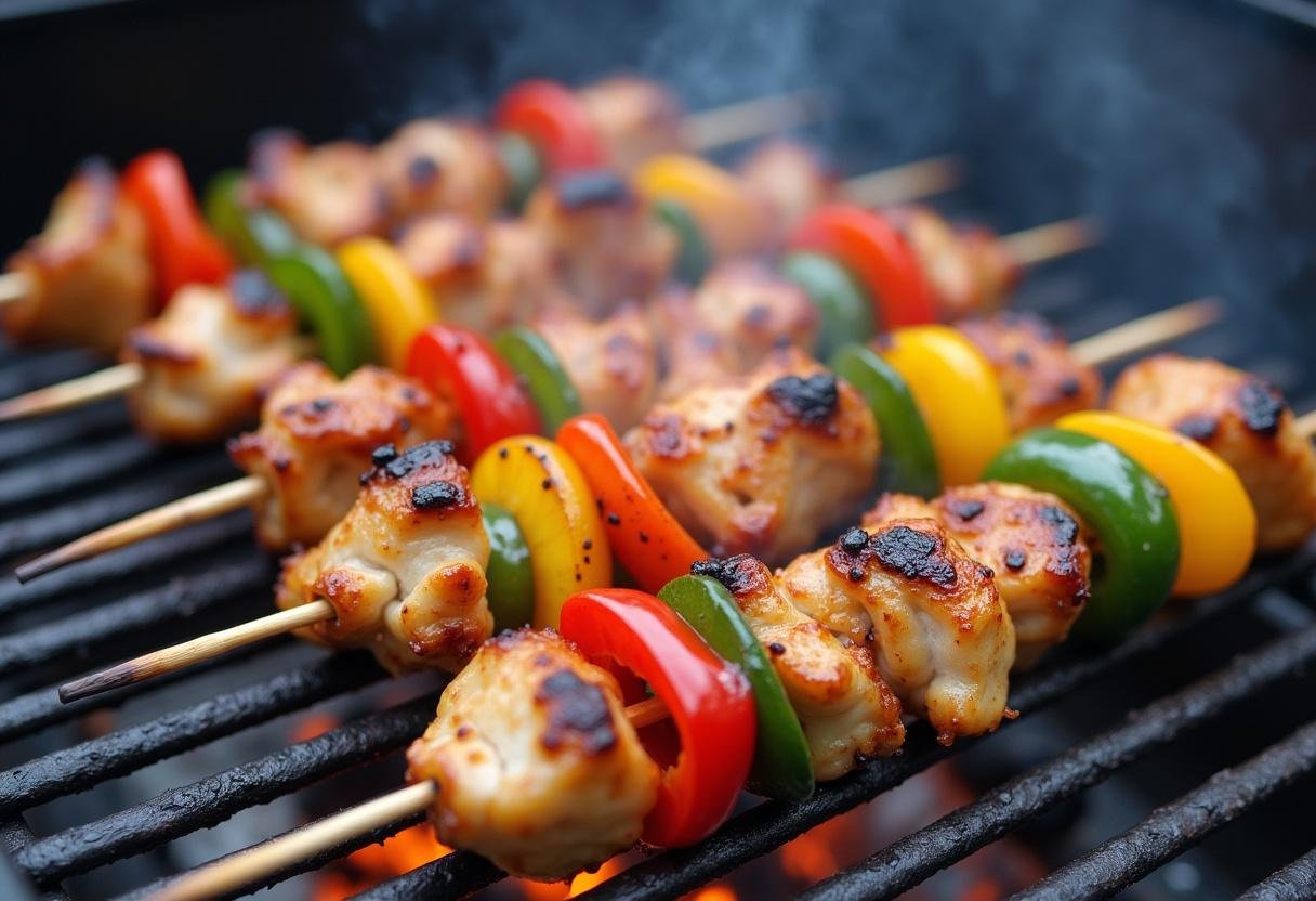 Chicken kabobs grilling on the barbecue, showcasing vibrant colors and delicious aromas.