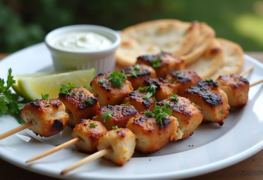 Finished Grilled Chicken Souvlaki skewers served with pita bread and tzatziki, perfect for a summer meal.
