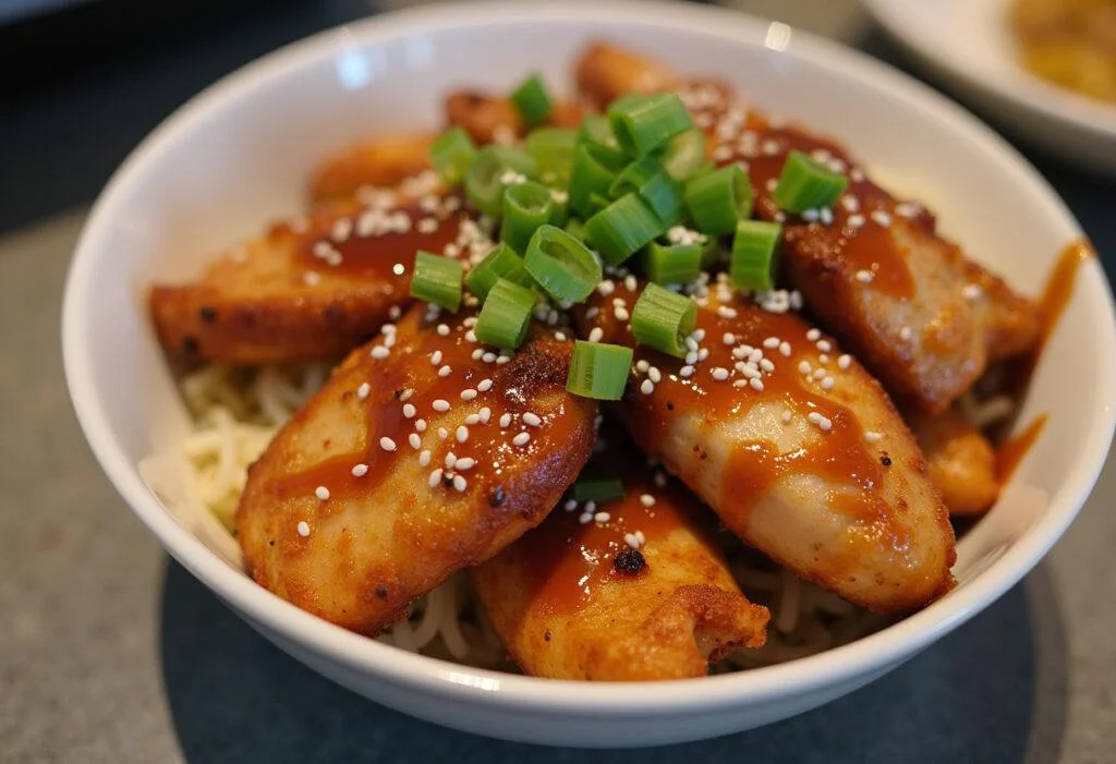 Finished Grilled Chicken Teriyaki Bowl with toppings, perfect for a satisfying meal.